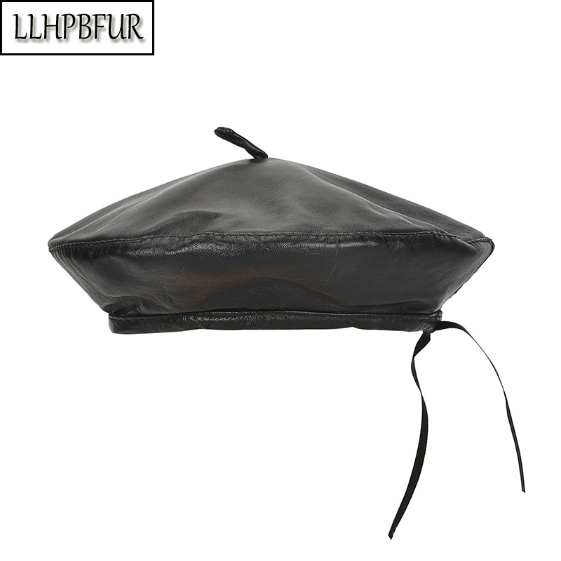 

Brand high quality autumn and winter ladies leather beret ladies 100% sheepskin solid color outdoor street shooting hat, Black
