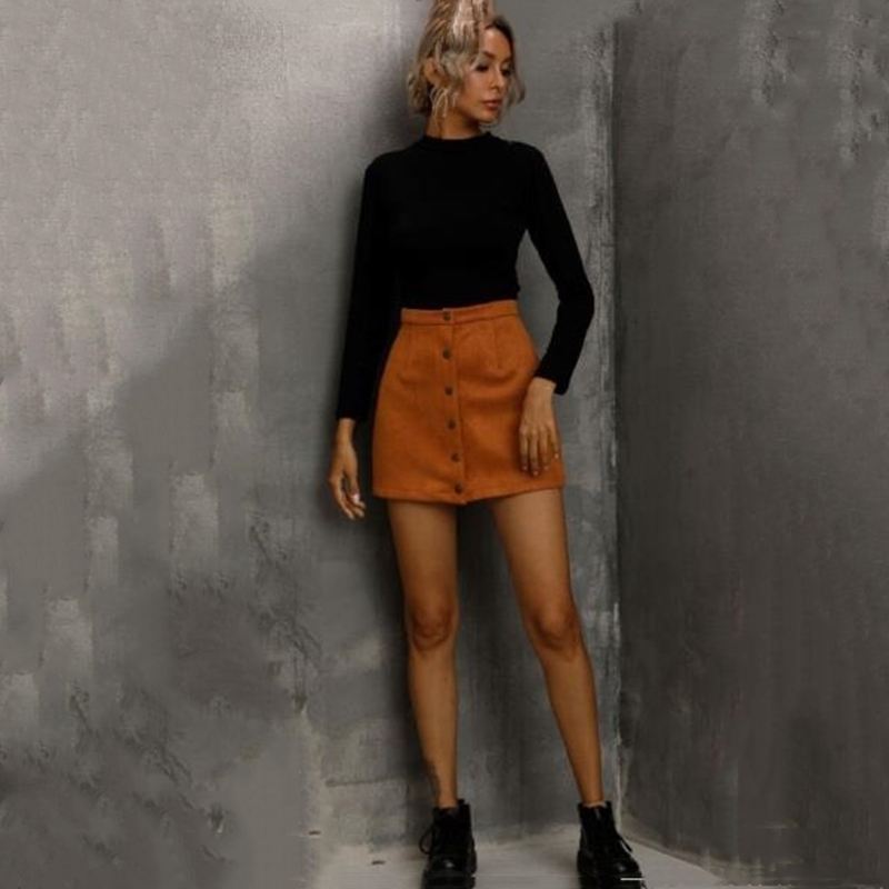 

Autumn Women' High Waist Short Skirt Khaki Button Placket Solid Color Skirt Ladies Fashion All-match Casual Wear