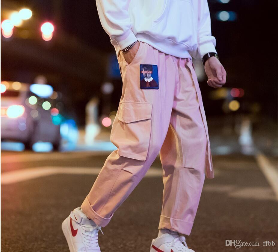 

Men Joggers Hip Hop Harem Streetwear Pants Ribbons Letter Embroidery Casual Trousers Popular Pink Cargo Pants