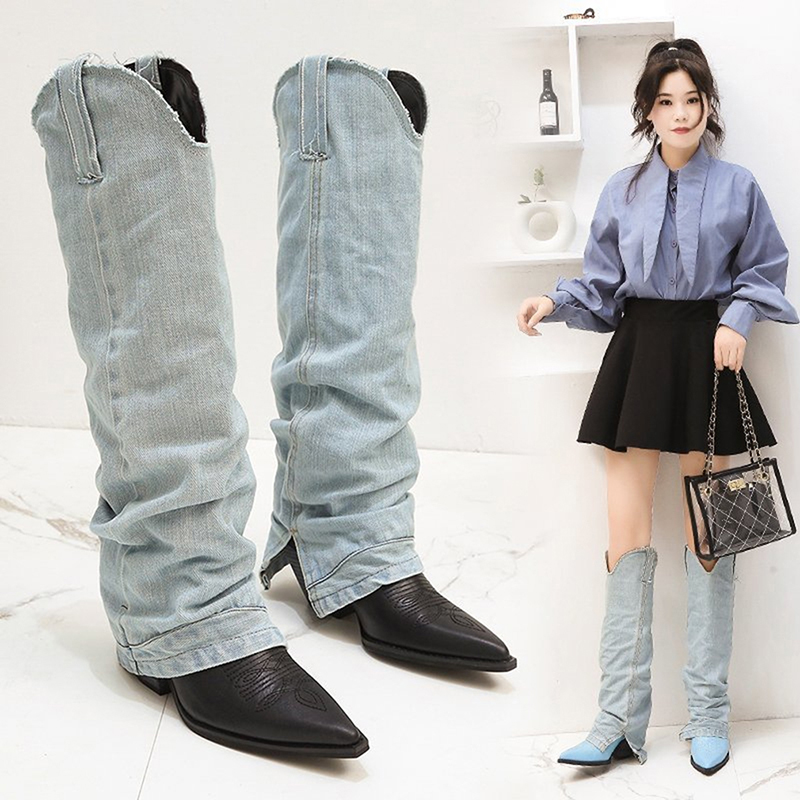 

Women Long Boots Western Cowboy Denim Shoes Block High Heel Retro Knee High Boots Pointed Toe Catwalk Knight Booties 2020, Black