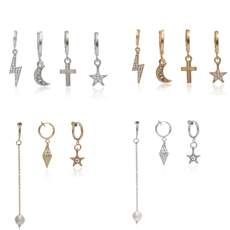 

Boho Gold Color Mix Design Crystal Hoops Jewelry Simple Circle Cross Moon Star Pendant Earrings Women Alloy Trendy Ear Jewelry