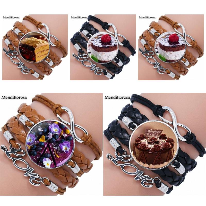 

EJ Glaze For Men Women Gift Chocolate Cake Glass Cabochon Maxi Multilayer Black/Brown Leather Bracelet Bangle Jewelry