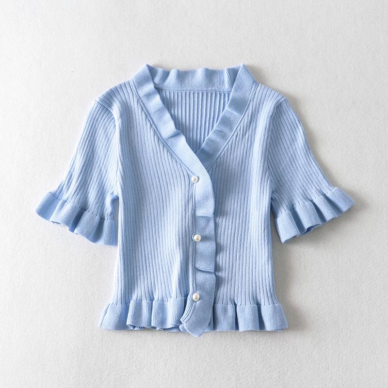 

2020 Summer crop sweater women short sleeve cardiagn korean style crop top ruffle tops button up knitted sweater white blue, Black