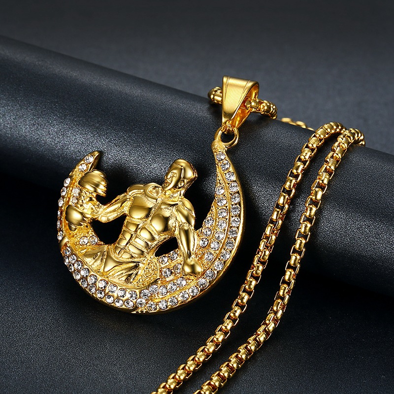 

Hip Hop Bling Iced Out Gold Color Stainless Steel Moon Muscle Man Dumbbell Pendant Necklace for Men Sport Rapper Jewelry