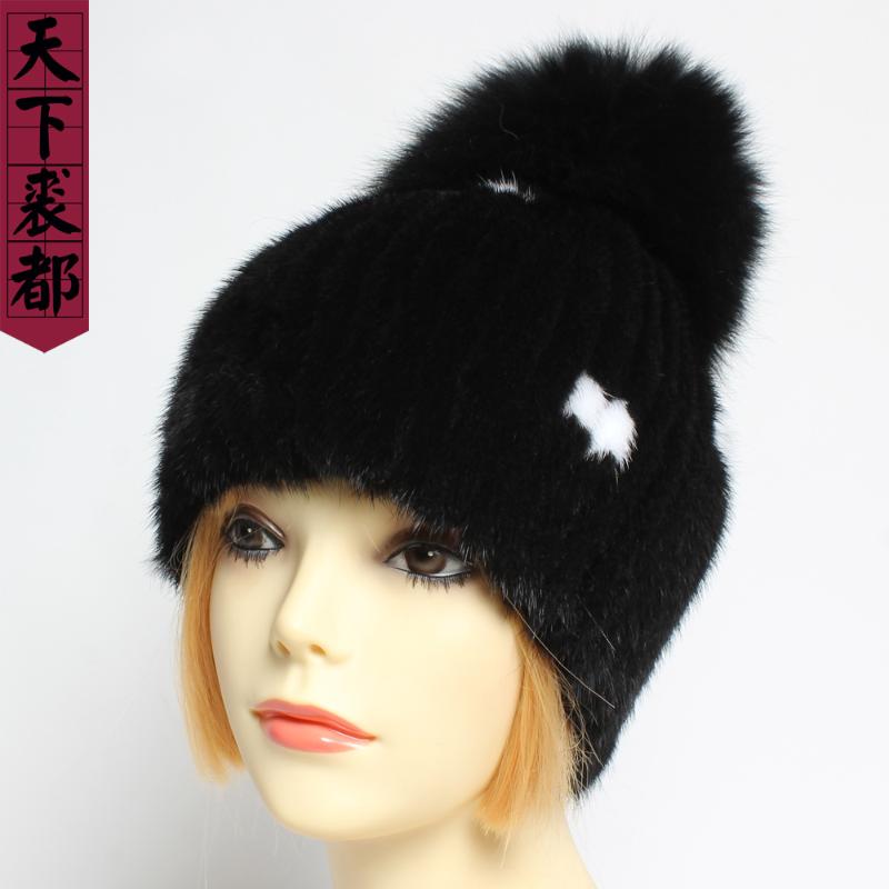 

New Winter Warm Luxury Genuine Real Hat + Fur Cap Lady 100%Natural Hat Brand Fashion Real Hats, Black