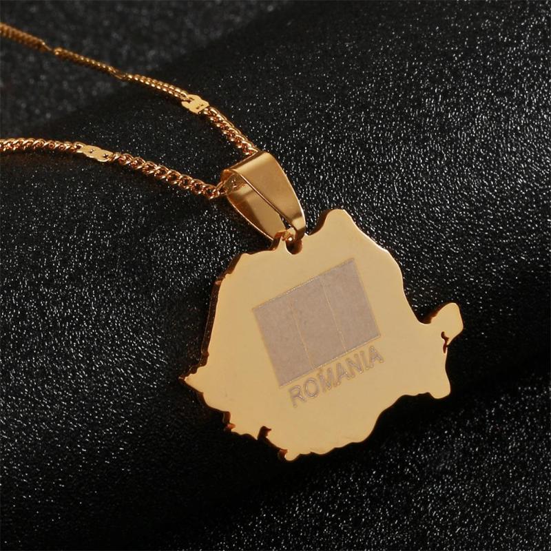 

Stainless Steel Gold Color Romania Map Flag Pendant Necklace Romanian Jewelry