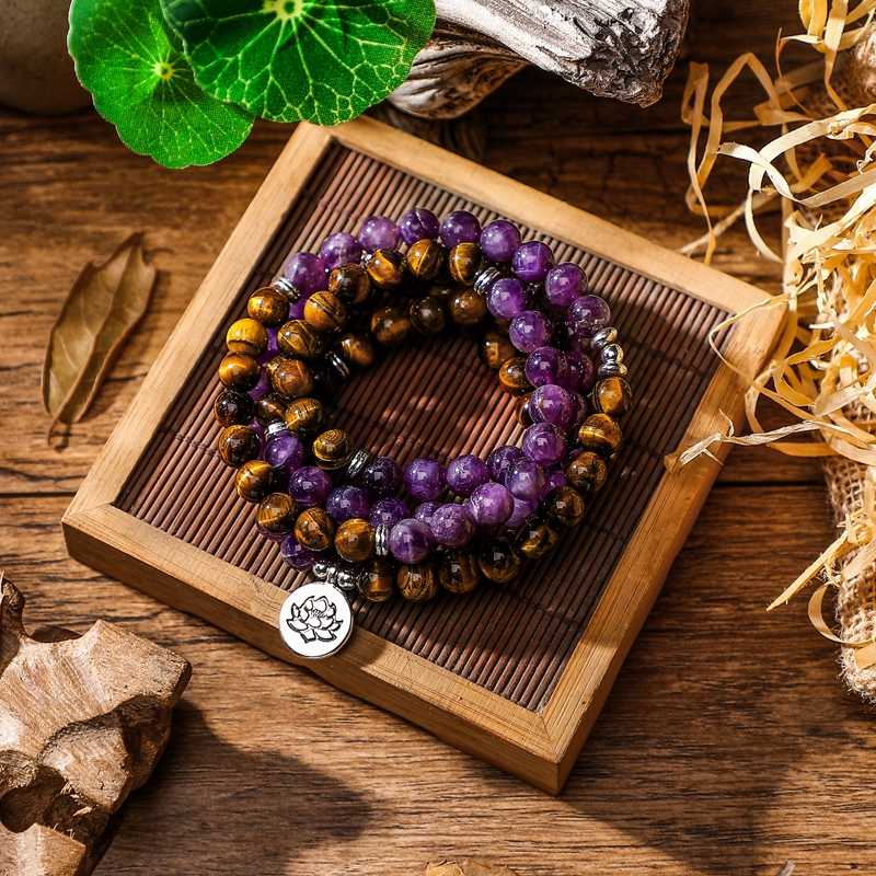 

Ame-thyst Tiger Eye Stone Yogi Reiki Lotus Tree Life wrap Bracelet & long Necklace Unisex Jewelry 108 Mala Nature Stone