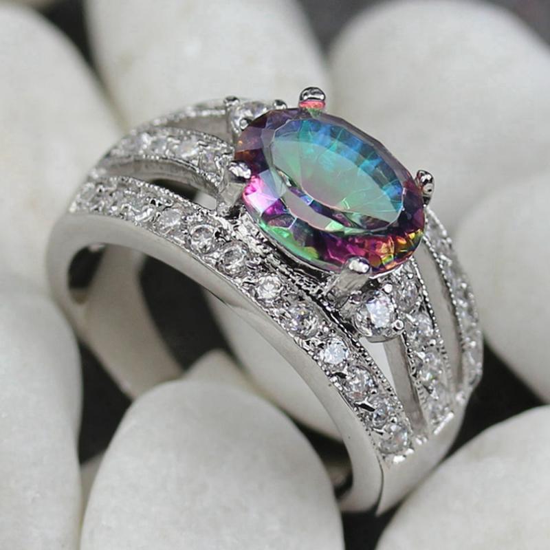 

SHUNXUNZE fashion Cute Engagement rings jewelry for women Rainbow and White Cubic Zirconia Rock Rhodium Plated R774 size 6 7 8 9