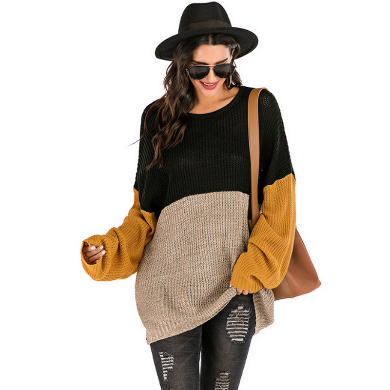 

Winter Round Neck Stitching Loose Long-Sleeve Sweater Women Mid-length, Blue