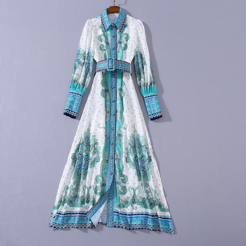 

European and American women' clothing 2020 winter new style Lantern sleeve long sleeve lapel Retro floral print belted dress, White