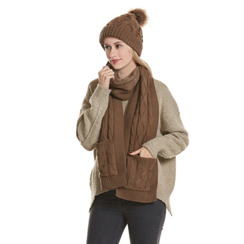 

FUN-PROUDER New European and American Woolen Hats Thick and Warm All-match Knitted Knitted Flower Hair Ball Hat Scarf Set, White