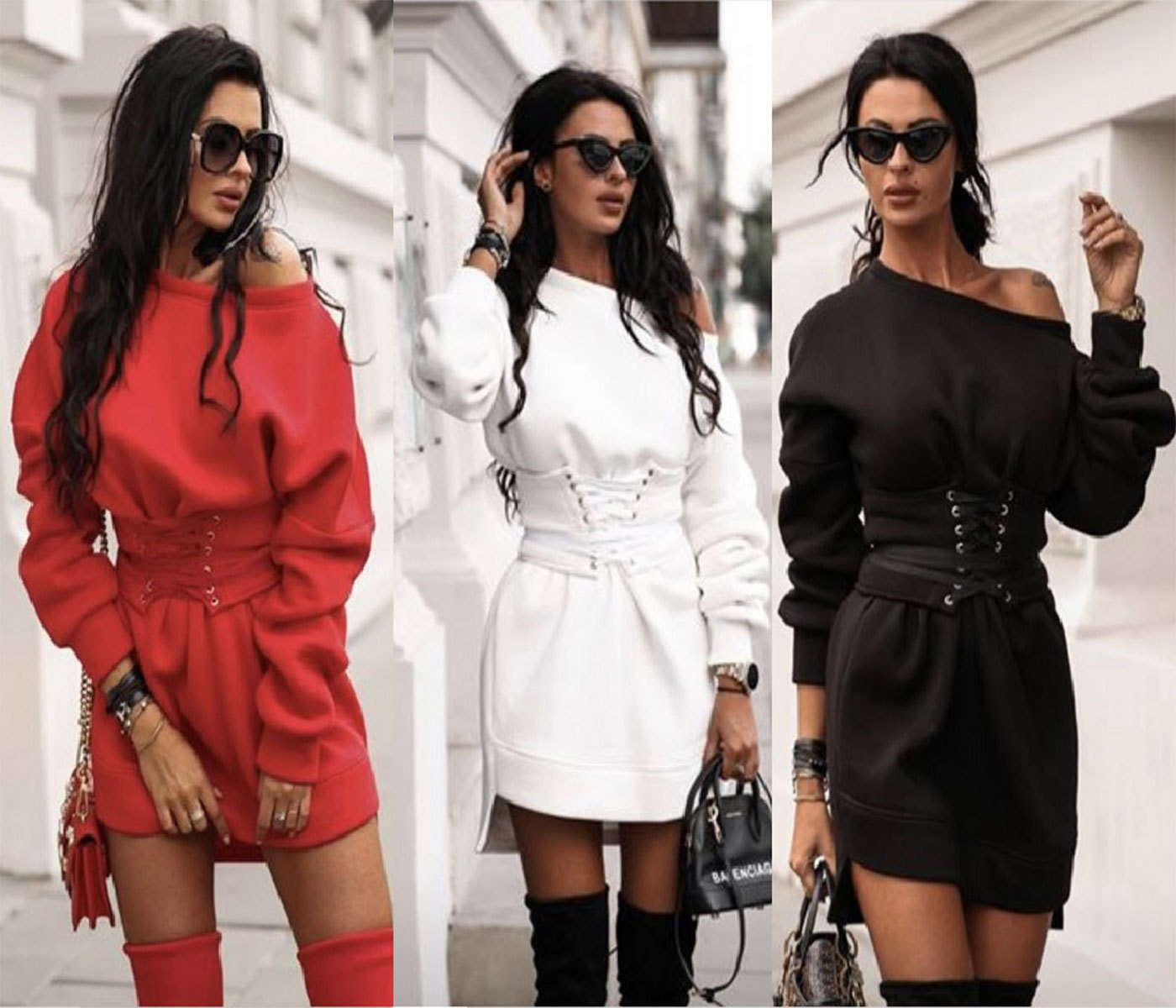 

Lady Sexy One off shoulder Sweatshirt Dress Women Casual Autumn Long Sleeve Mini Dress Female Winter Warm Lace-Up Bandage, White