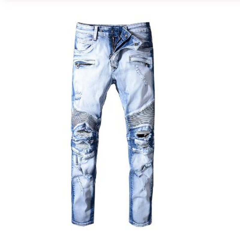 

New Men's male light blue holes ripped biker jeans for motorcycle Plus size slim fit distressed stretch denim pants trousers, Sky blue