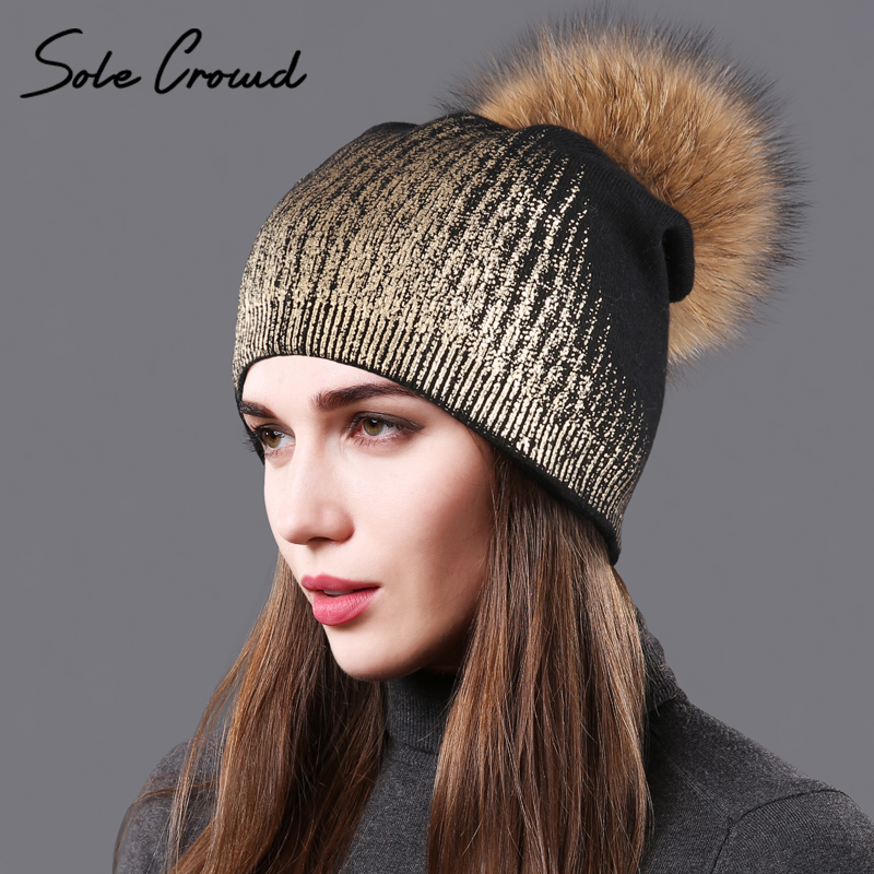 

Sole Crowd] Women fashion bronzing silver knitted hats winter warm double layer caps real raccoon fur pompom female hat beanies, Gold white