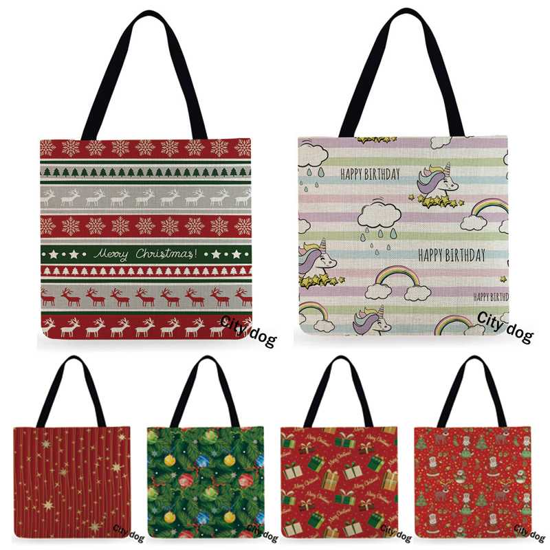 

Christmas elk Printed Tote Bag For waterproof Linen Fabric Bag Casual Foldable Shopping Outdoor Beach Daily Handbag