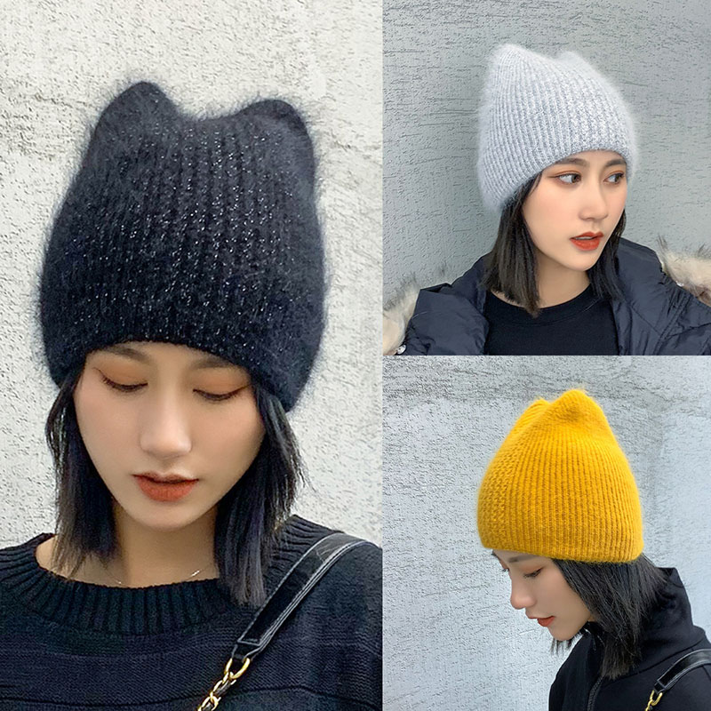 

8 Colors Autumn Winter Knitted Solid Beanies Women Sweet Ear Warm Fashion Skullies Hats Rabbir Fur Ear Protection Caps 2020, Yellow