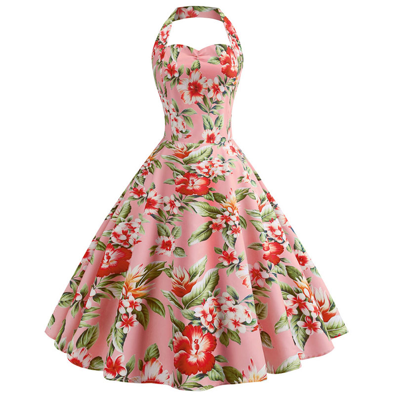 

Vintage Dress 50s 60s Floral Print Sleeveless Dress Summer Sexy Halter Party Rockabilly Swing Plus Size Robe Femme, Pettiskirt red