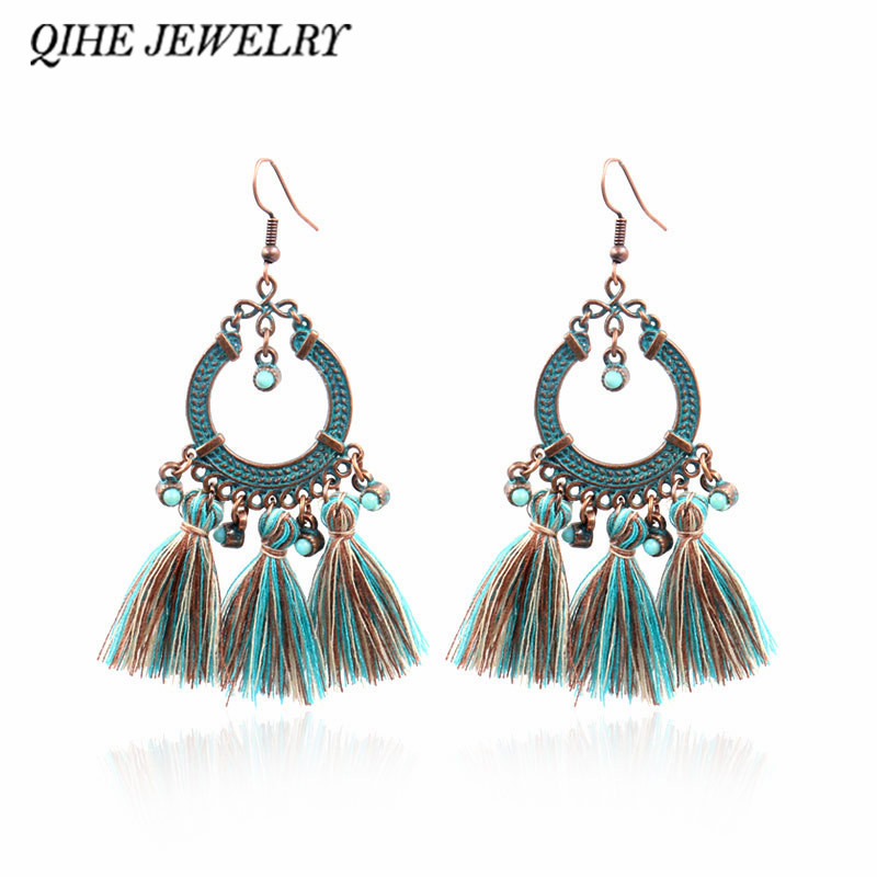 

QIHE JEWELRY Bohemian earrings Blue cotton tassel bronze charm earrings Boho style for women Gift female