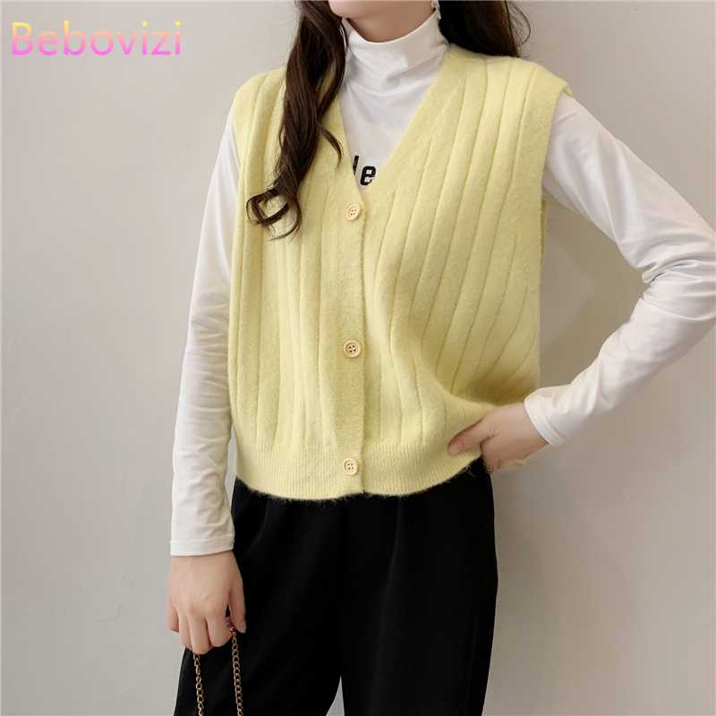 

Red White Blue Yellow New 2020 Fashion Korean Women Knitted Sweaters Single Breasted V-neck Sleeveless Vest Sweater