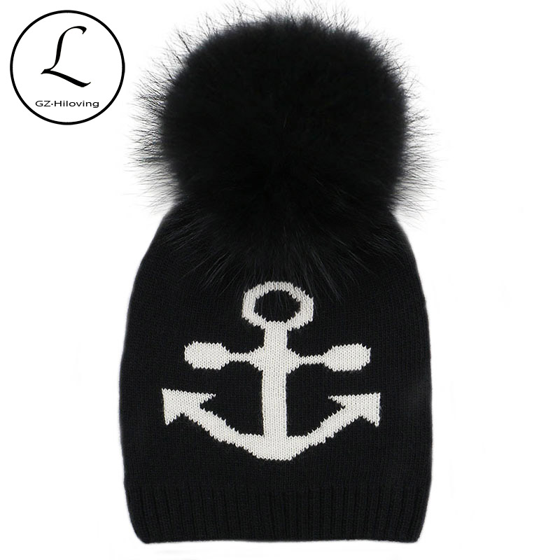

GZHILOVINGL Autumn Winter Knitted Wool Hats For Women Girls Anchor Beanies Hat Warm Caps With Natural Genuine Raccoon Fur Pompom, White