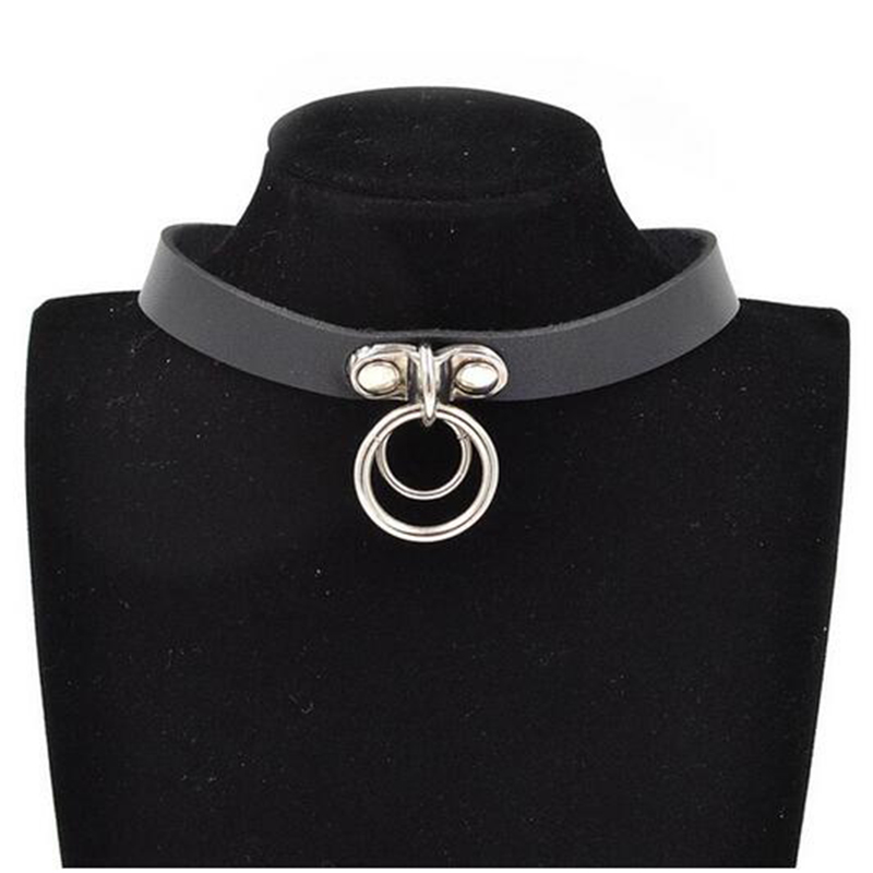 

Gothic Punk Style Double Ring Pendant Snap Fastener PU Leather Choker Collar Chocker Neck For Women
