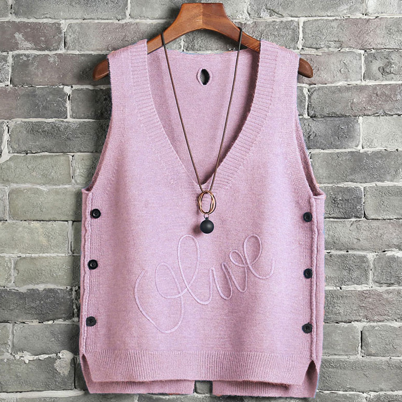 

Women Spring Knitted Vest Waistcoat Side Buttons Casual knitting Vest Sleeveless Female Short Sleeveless Pullover Plus Size, Beige