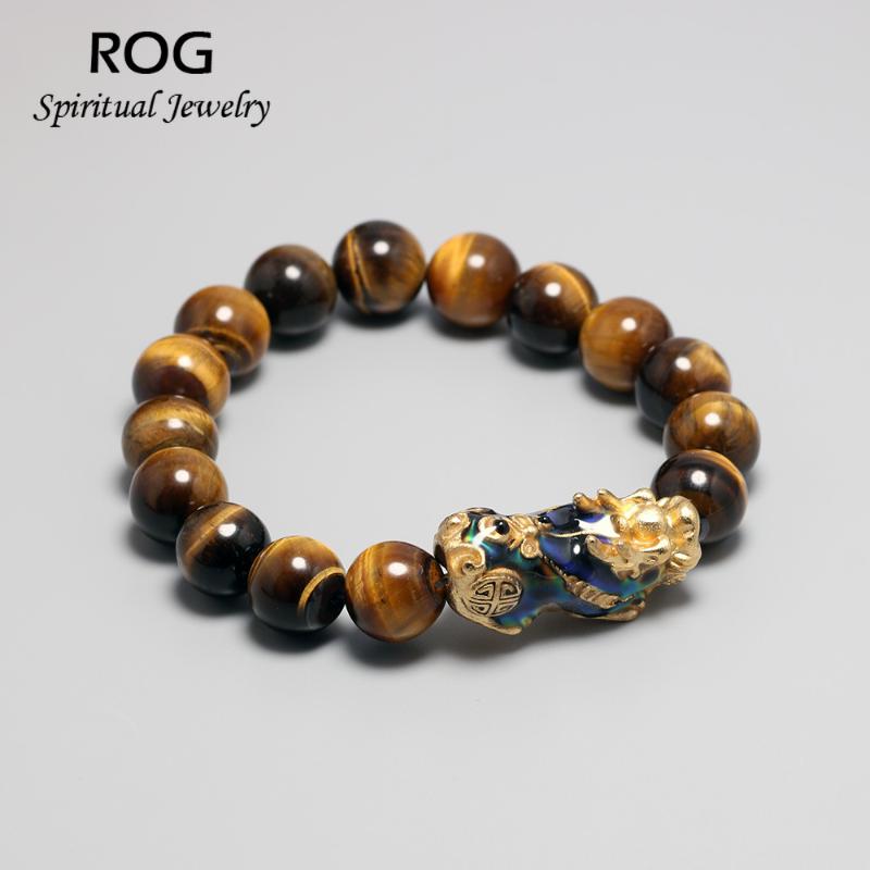

Charm Bracelets Natural Tiger Eye Beads Bracelet For Men With Thermochromic Pixiu Strand Handmade Jewelry