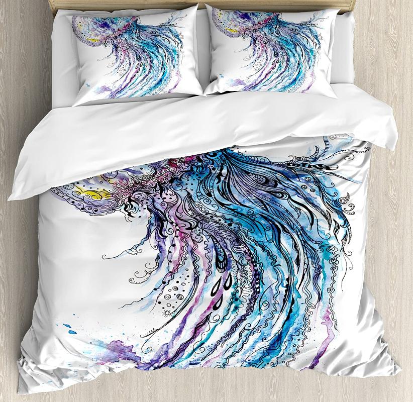 

Jellyfish Duvet Cover Set Aqua Colors Art Ocean Animal Print Sketch Style Creative Sea Marine Theme Bedding Set White, As pic