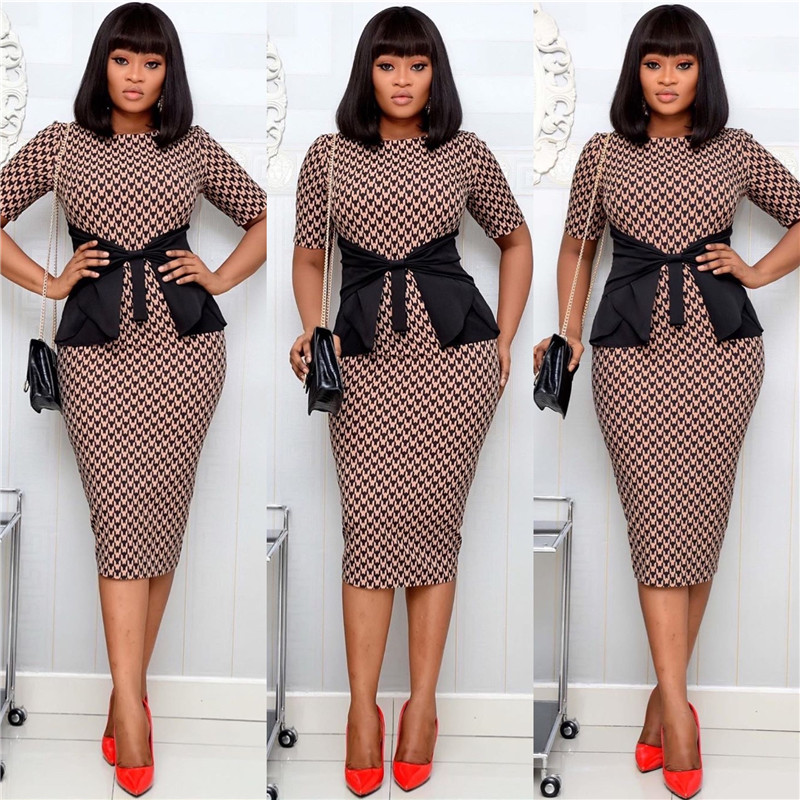 

Summer 2020 African Dresses For Women Half Sleeve Dress Elegant Fashion Bodycon Brown Print Dress Office Lady Plus Size -3XL