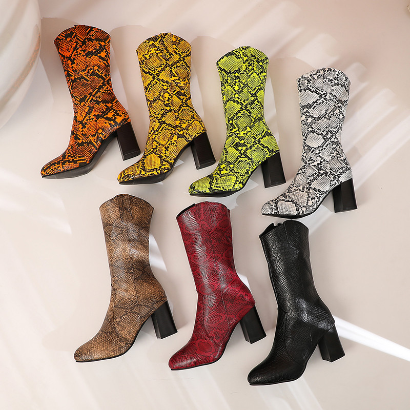 

YMECHIC 2020 Yellow Green Snake Print Square Block High Heels Western Cowboy Women Winter Boots Mid Long Boot Party Shoes Woman, Black