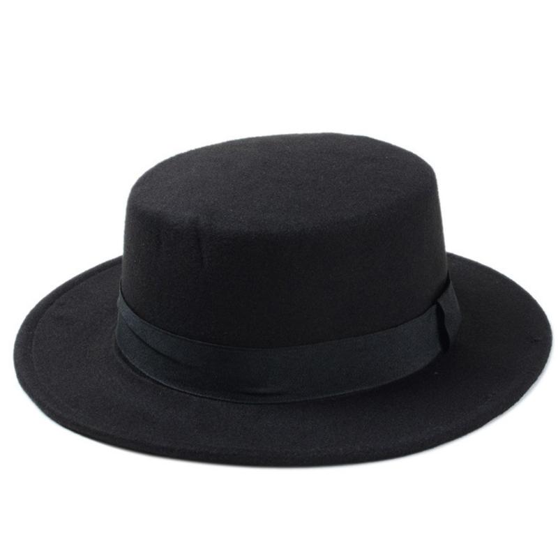 

Fashion Wool Boater Flat Top Hat For Women Felt Wide Brim Hat Laday Prok Pie Chapeu de Feltro Bowler Gambler Top, Black