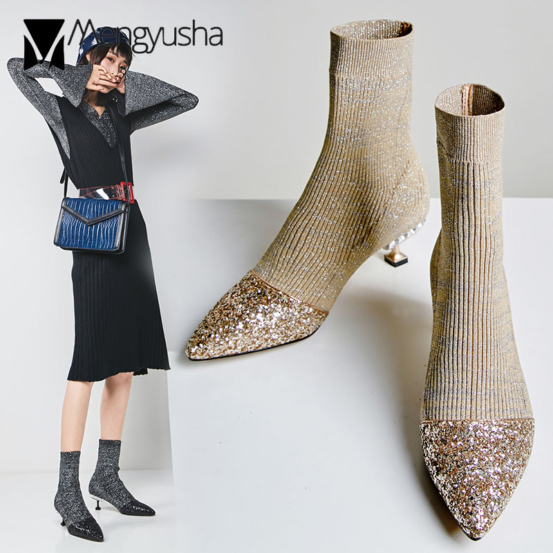 

luxury silver/black glitter sock boots women crystal high heels knitted booties female pointy sequins fabric winter botines c110