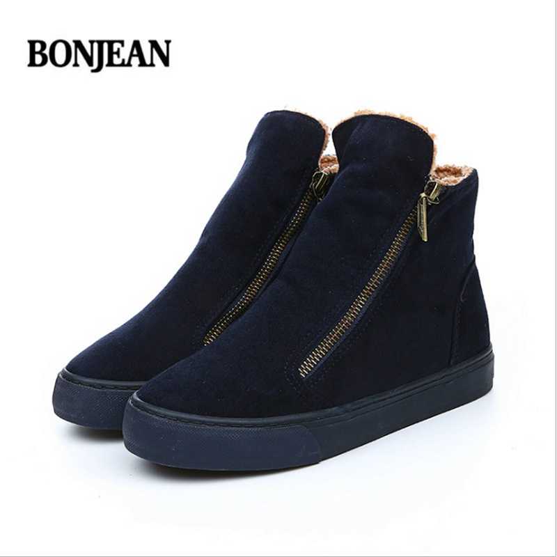 

BONJEAN Women Warm Flat Snow Winter Fur Zip Platform Ankle Boot Ladies Plush Casual Comfort Shoes Female Fashion Short Boot, Black