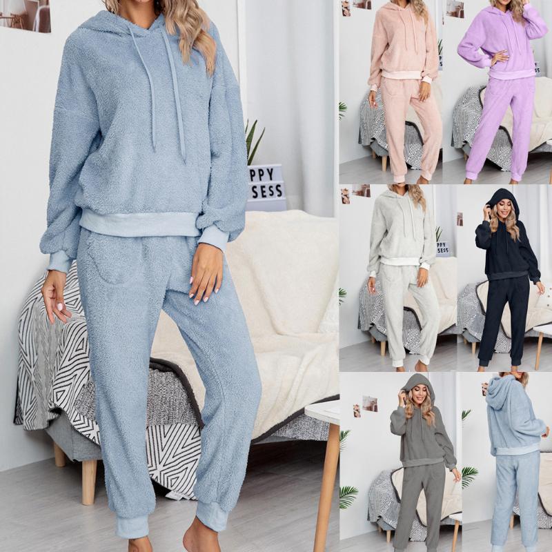 

Women Fashion Casual Solid Pockets Plush Long Sleeve Long Pants Home Suit Pullover Ladies Tops And Pencil Jogging Pants Set, Blue