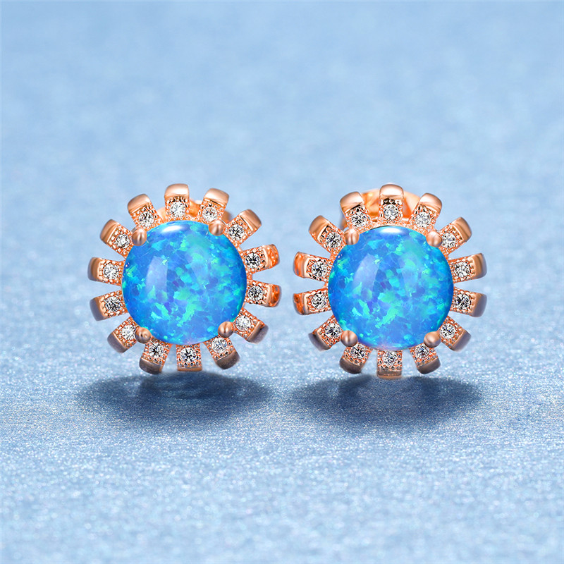 

Classic Female Round White Opal Earrings Dainty Rainbow Flower Stud Earrings For Women Trendy Vintage Rose Gold Wedding