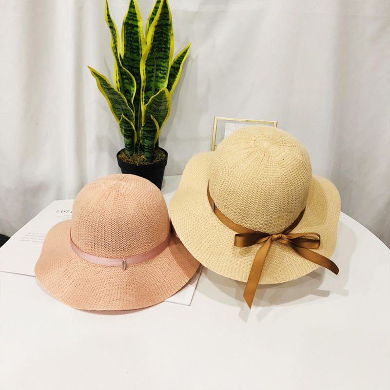 

Women Summer Handmade Weaving Cotton Linen Beach Hat Satin Ribbon Bowknot Sun Protection Wide Wavy Brim Solid Color Bucket Cap, Caramel