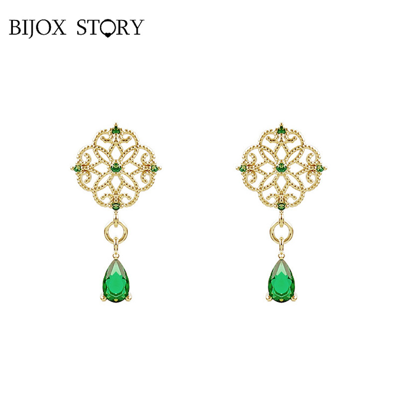 

BIJOX STORY Vintage 925 Sterling Silver Earrings with Water Drop Shape Emerald Gemstones Earrings for Women Fine Jewelry Wedding