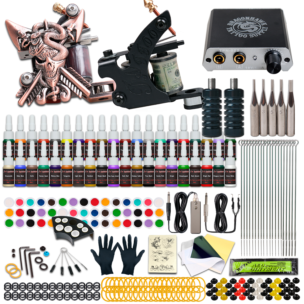 

Dragonhawk Tattoo Kit 2 Guns 40 Color Inks Power Supply Needles Tips HW-10GD