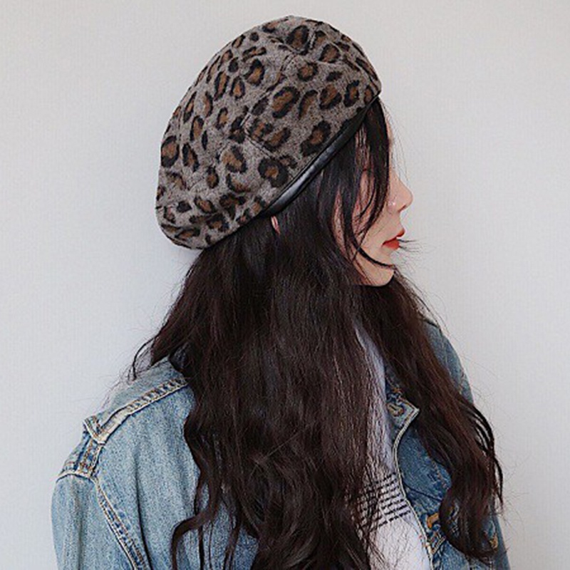 

Winter Beret Hat Women Japanese Woolen Leopard PU Pumpkin Hat Outdoor Painter Cap Outdoor Warmth Berets, Dark grey