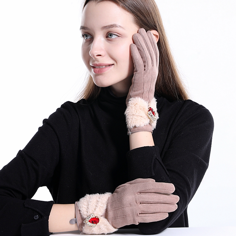 

Gloves Winter Female Warm suede Luxury Red gem Mittens Double thick Women Touch Screen Driving Gloves luvas