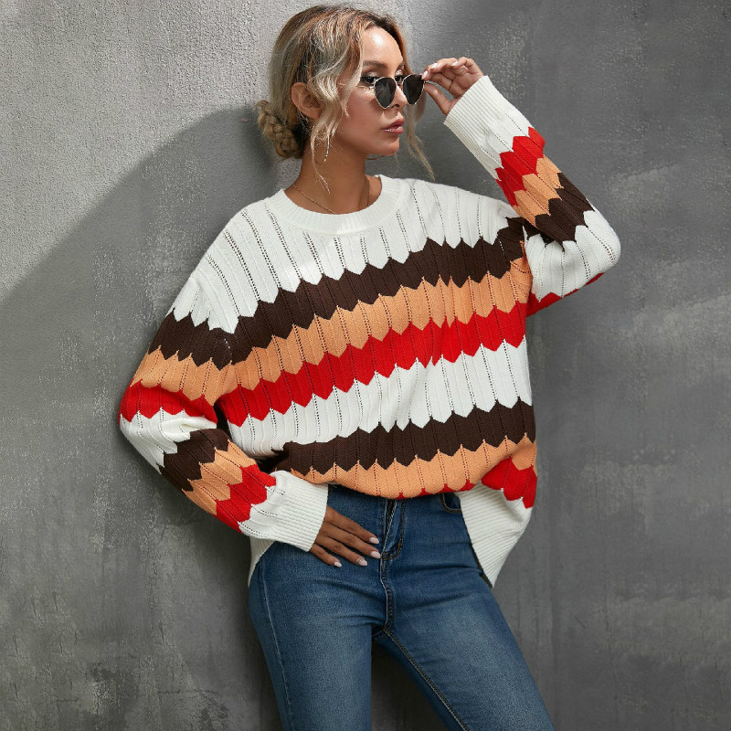 

Wavy Pattern Color Matching Sweater Women' 2020 Autumn and Winter Women' Casual Striped Color Matching Sweater, Red