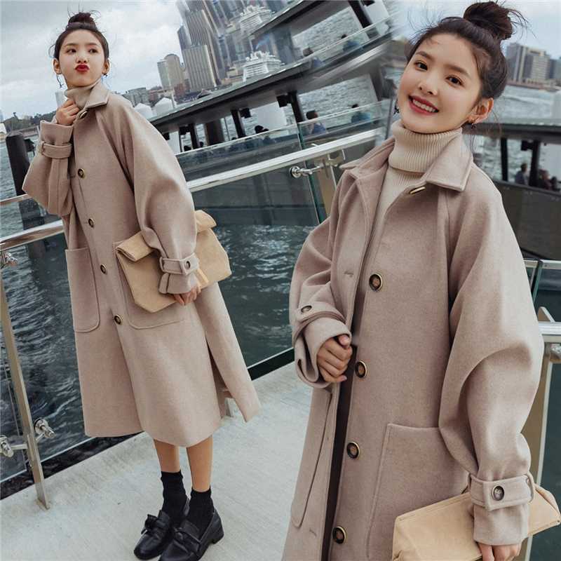 

2020 Winter New Long Woolen Coat Women Korean Fashion Plus Size Long sleeve Thick Wool jacket Women Loose Student Ladies Coats, Blue