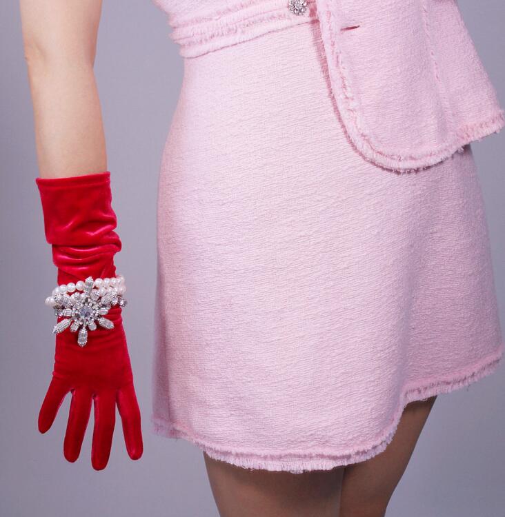 

Women's elegant elastic velvet touchscreen long gloves female red color pleuche party driving glove 40cm 60cm R1448