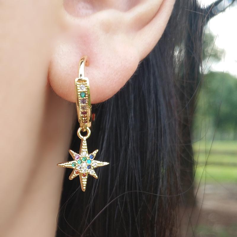 

24K Gold Star Earring Dangle CZ Two Piece Circle Fall Earring Huggie Jewelry pendientes estrella Rainbow Lesbian Earrings Hoops