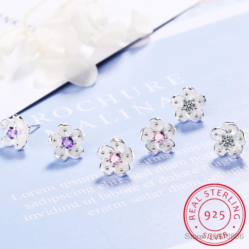 

925 Sterling Silver Pink/Purple/White Zirconia Cherry Blossoms Flower Stud Earring For Women Fine Jewelry pendientes