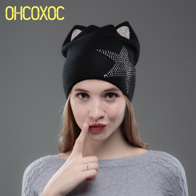 

women fashion beanies with cat ear design bling star pattern ear decorated solid double layer thick keep warm beauty beanies, White
