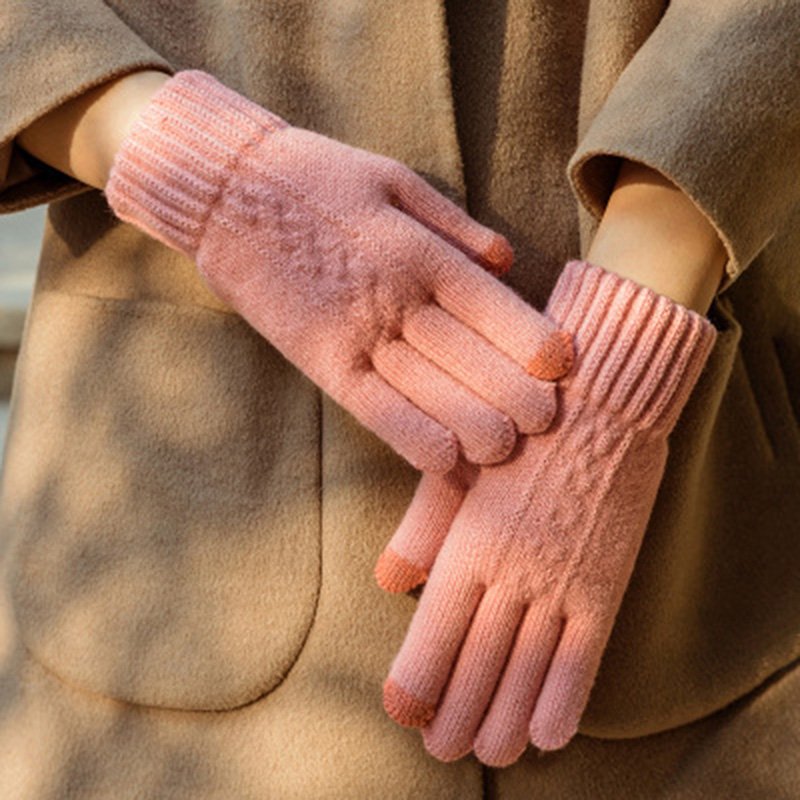 

Female Knit Wool Twisted Flower Touch Screen Gloves Winter Warm Women Cashmere Jacquard Plus Velvet Thick Warm Driving Glove H48