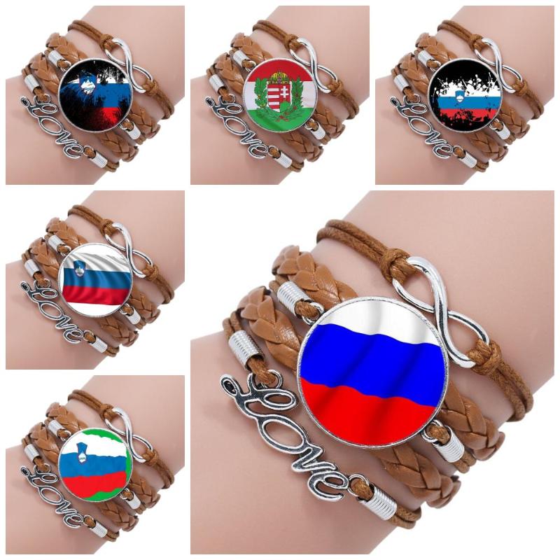 

National flag of Slovenia Pattern For Girls Handmade Gift Glass Cabochon Jewelry Multilayer Black/Brown Leather Bracelet Bangle