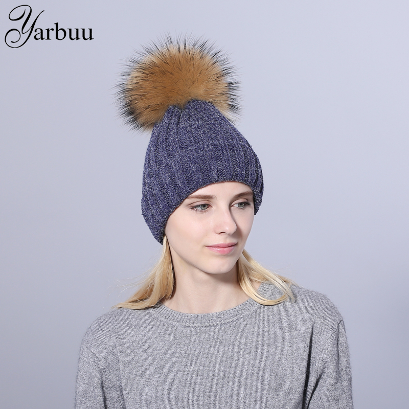 

YARBUU]2020 Brand hat Female Beanie Skullies Autumn And Winter Caps for women real mink pom poms wool fur knitted hats, White