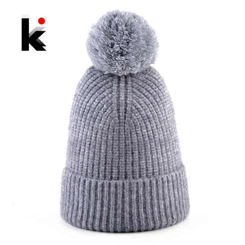 

Knitted POMPOM Beanies Winter Warm Knitting Wool Hats Women Solid Color Bonnet Gorras With PomPom Soft Outdoor Ski Skullies Hat, Khaki